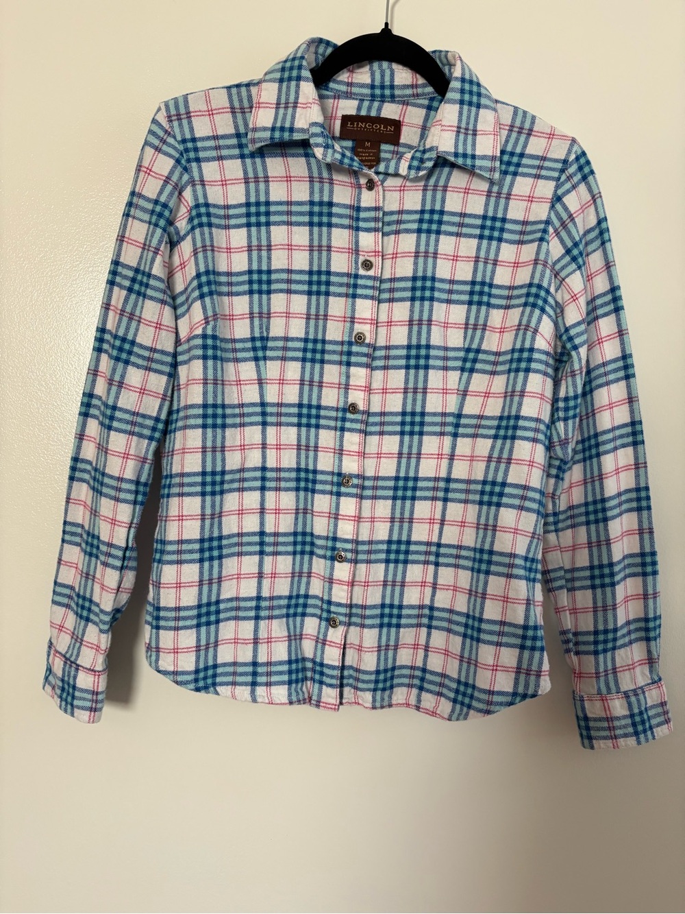 Lincoln Outfitters Cotton Plaid Flannel Shirt Long Sleeve Cozy Blue Pink Medium